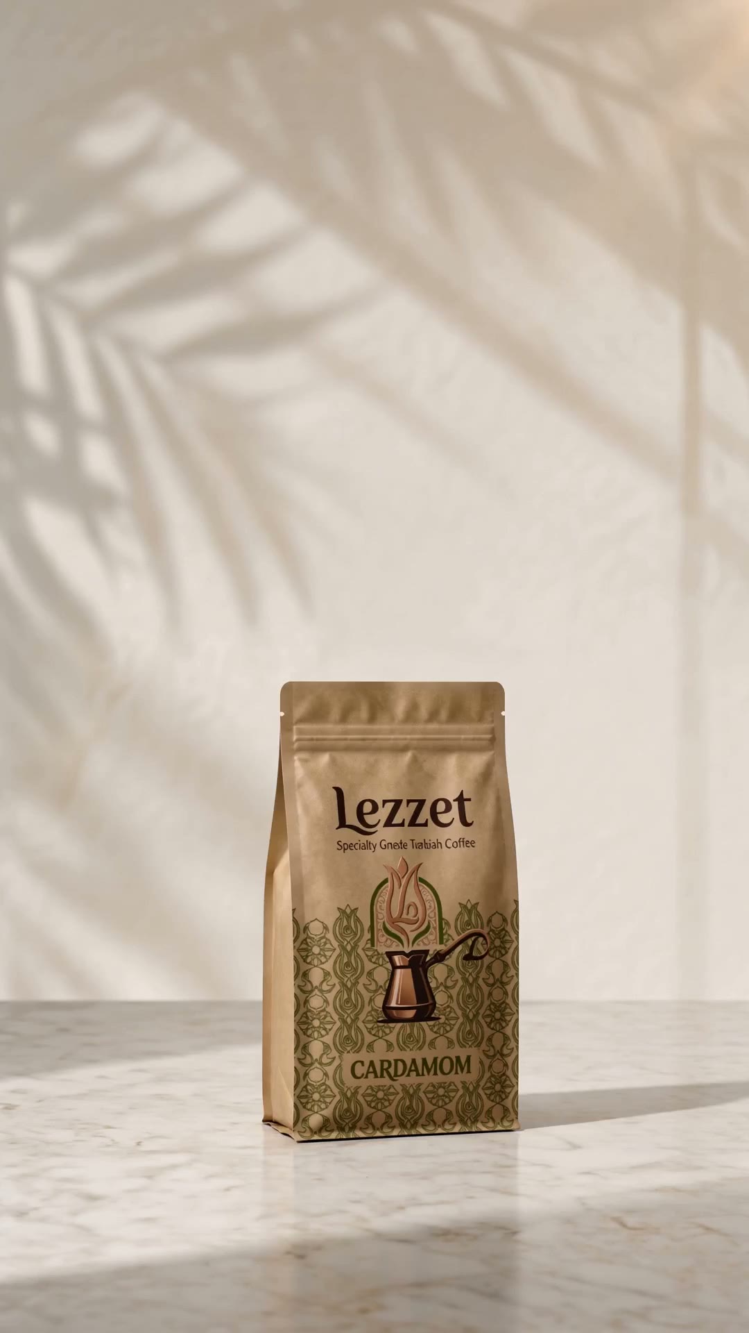 Lezzet Cardamom Turkish Coffee bag on marble