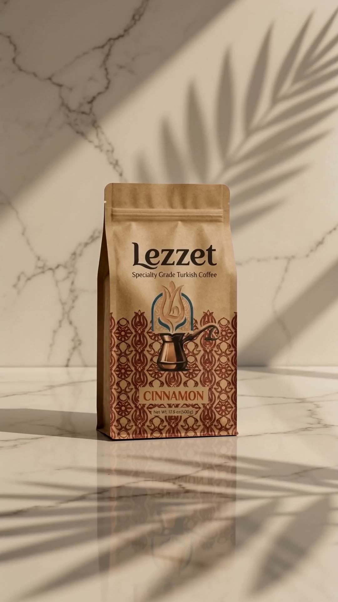 Lezzet Cinnamon Turkish Coffee bag on marble