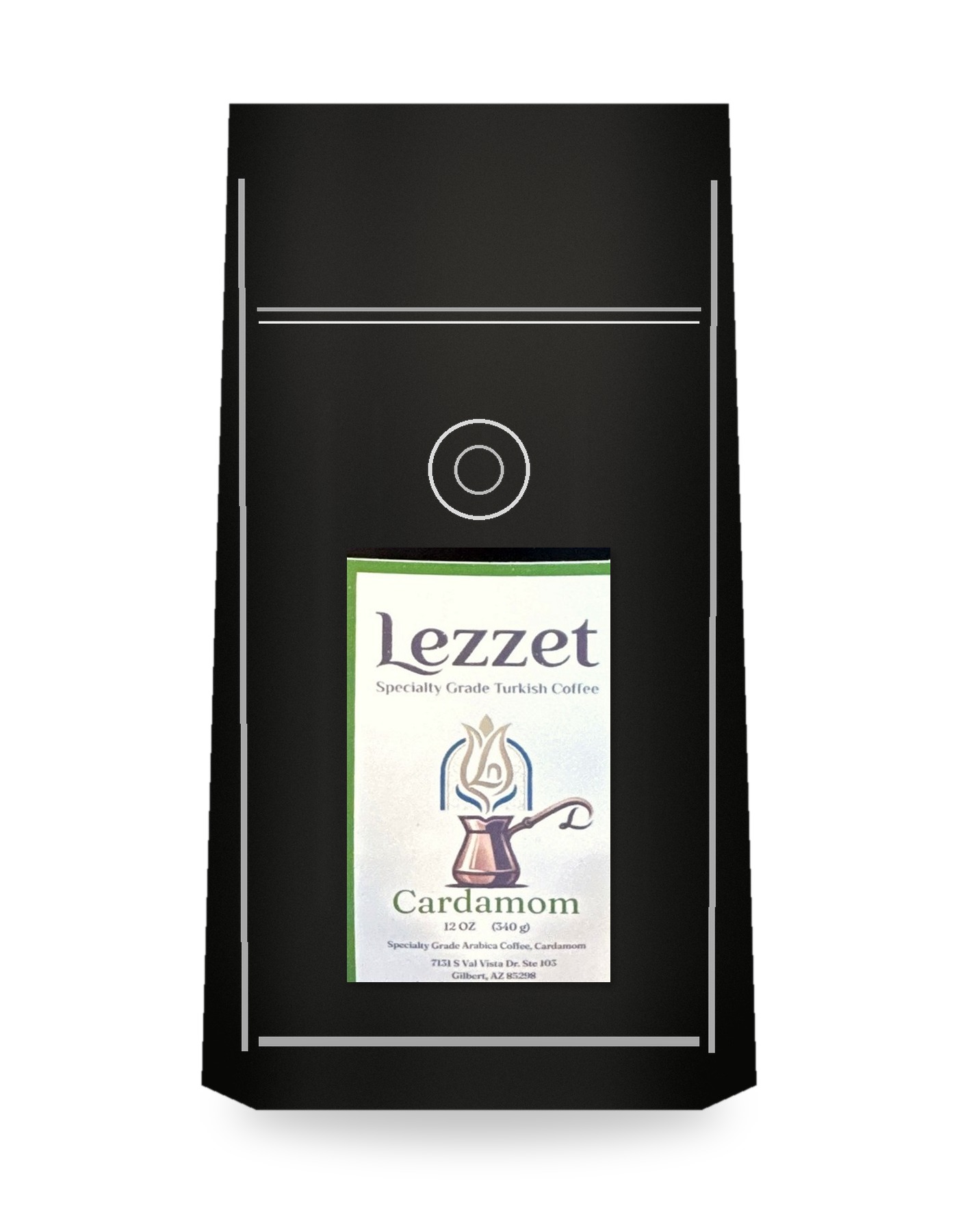 Lezzet Cardamom 12 oz black pouch with sticker label