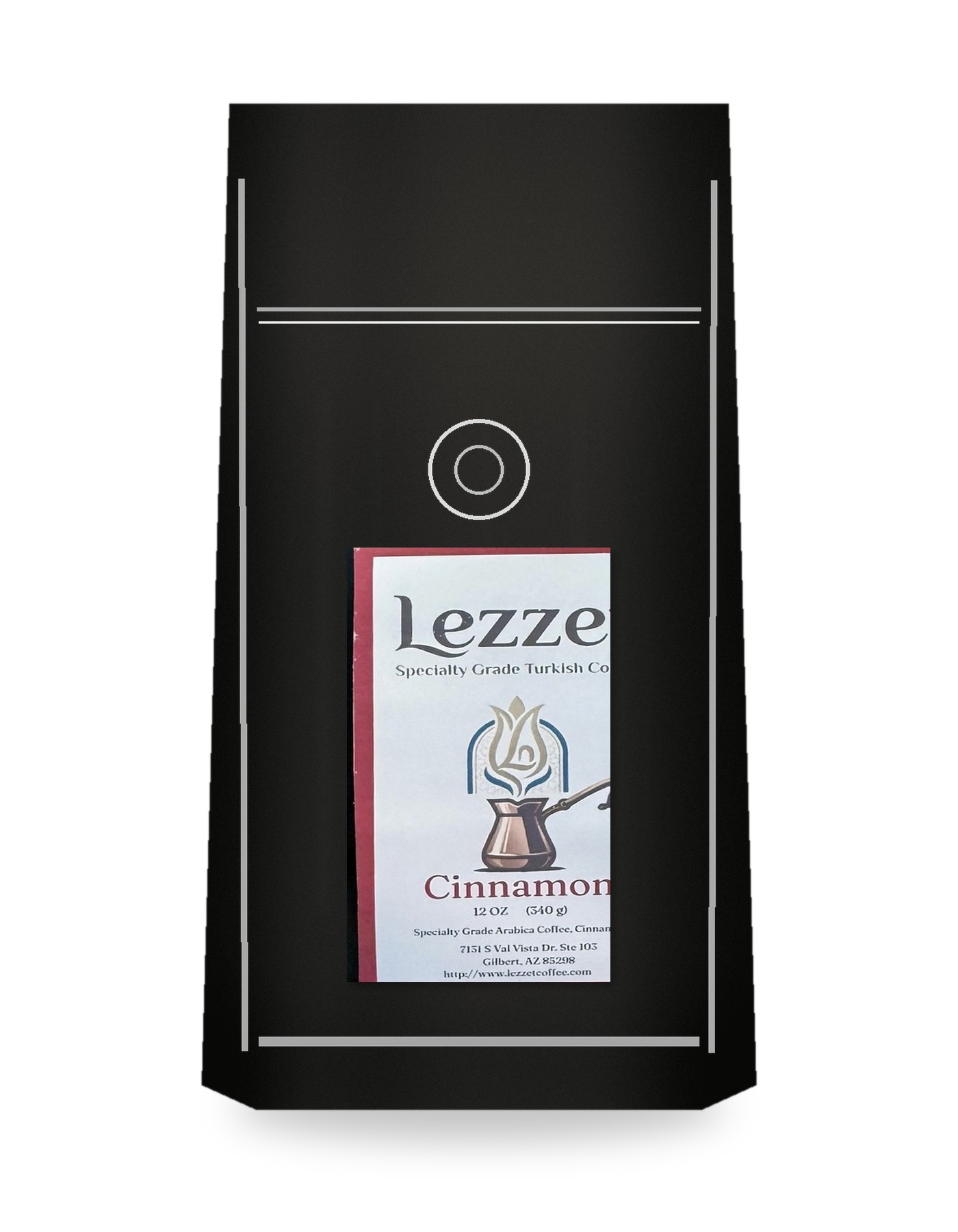 Lezzet Cinnamon 12 oz black pouch with sticker label