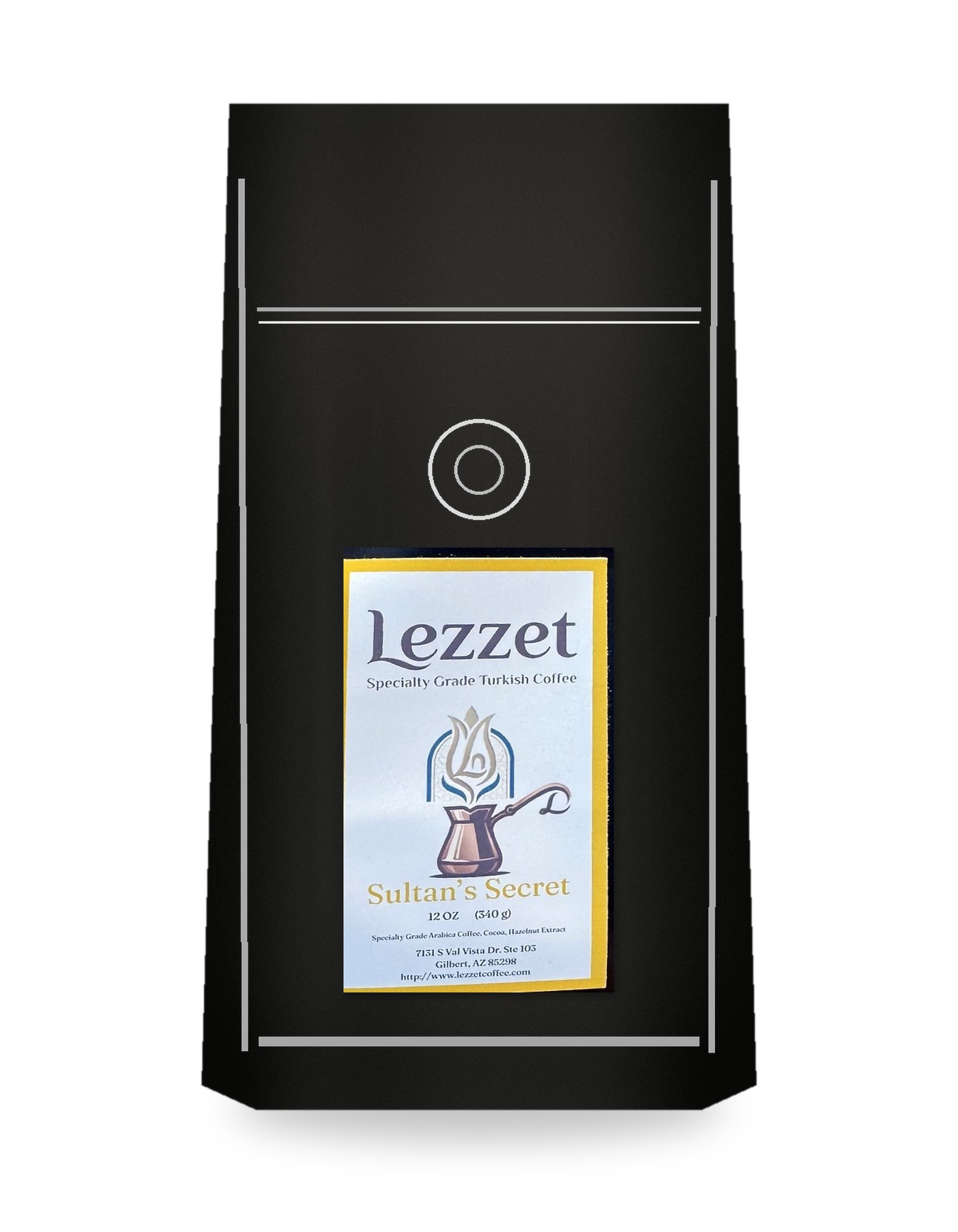 Lezzet Sultan's Secret 12 oz black pouch with sticker label