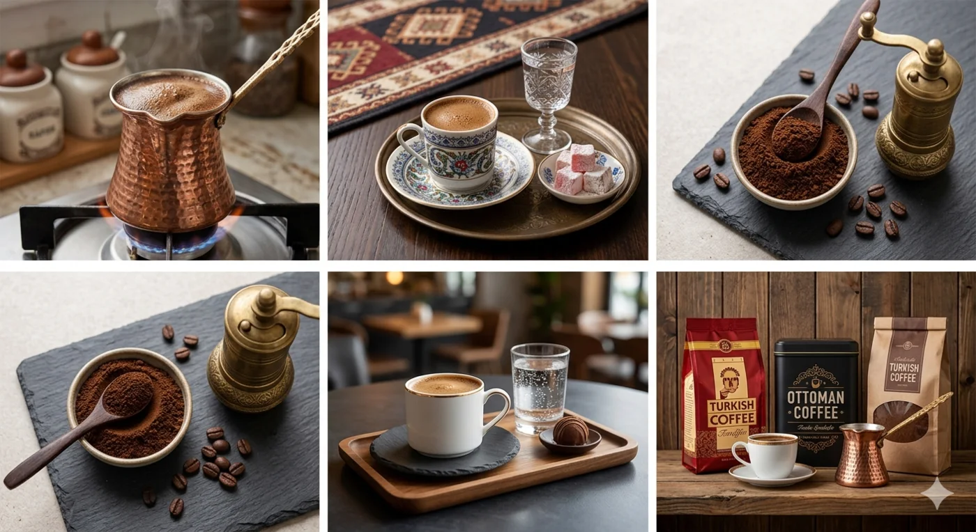 Turkish coffee brewing, serving, grounds, and packaging collage