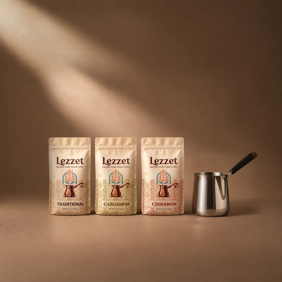Turkish Coffee Kit, Essential: Lezzet Traditional, Cardamom and Cinnamon 100g with the 12 oz stainless steel cezve