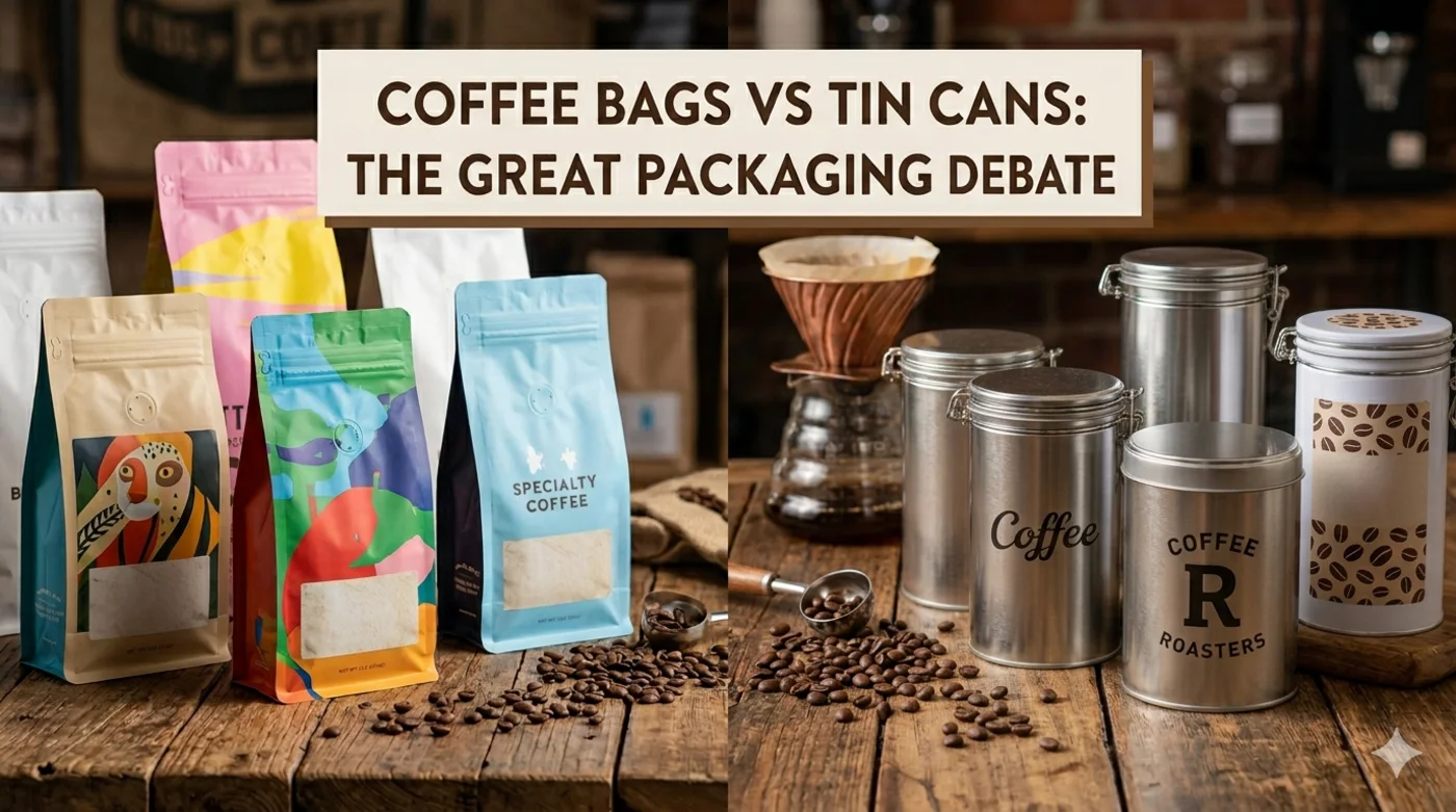 Coffee bags compared with tin cans on a coffee bar