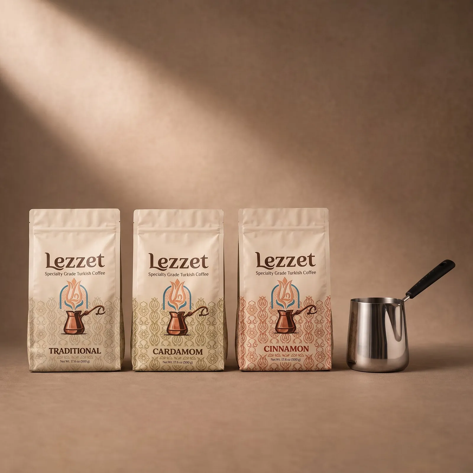 Lezzet Turkish Coffee Kit: Traditional, Cardamom and Cinnamon 500 g bags with the 12 oz stainless steel cezve