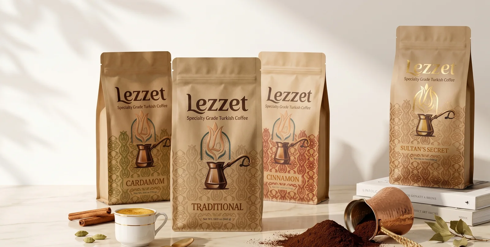 Lezzet Turkish coffee flavor lineup with coffee, spices, and a copper cezve