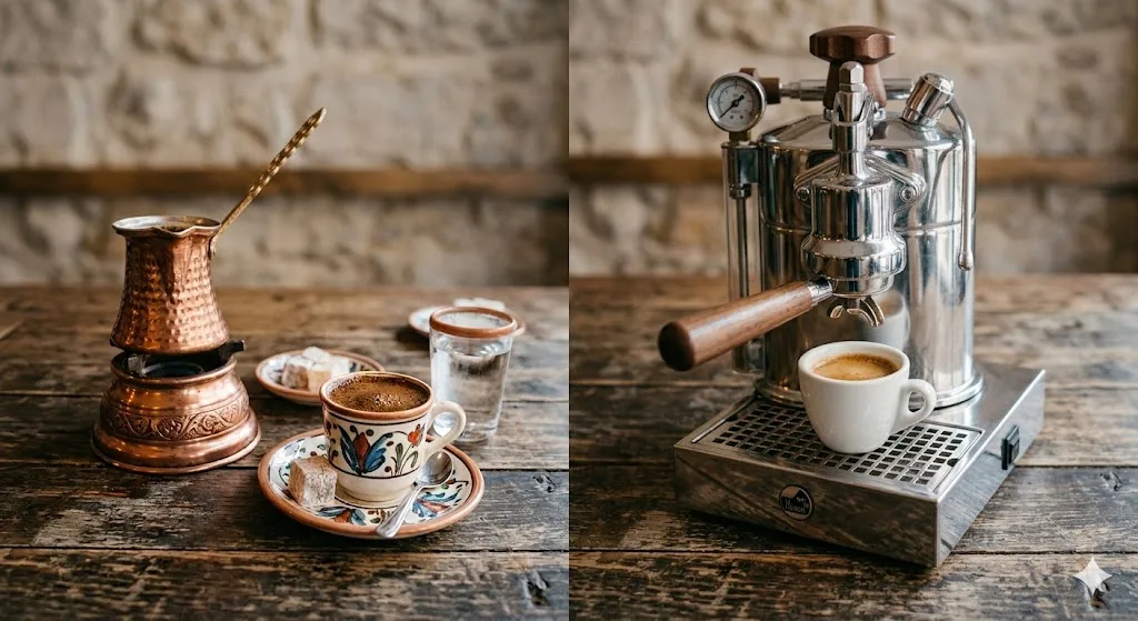 Turkish coffee served beside an espresso machine and espresso cup