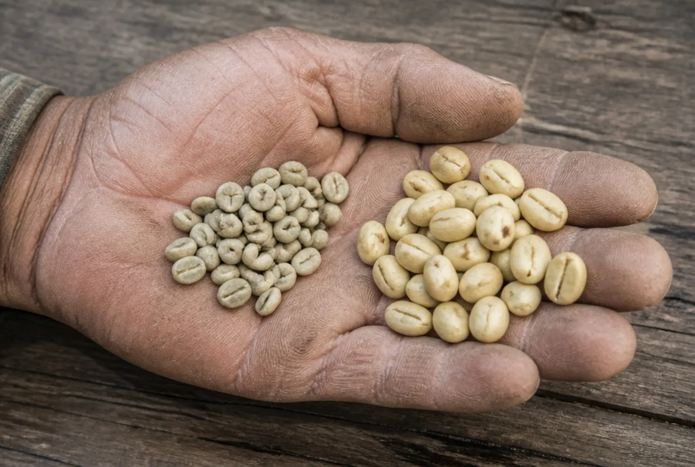 A farmer's palm holding small, dense high-grown unroasted coffee seeds beside larger, softer lowland seeds
