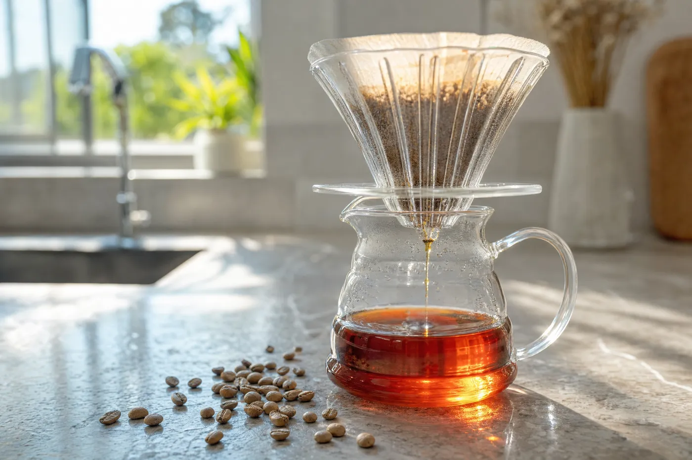 Bright light roast coffee brewing through a glass pour-over in morning sun