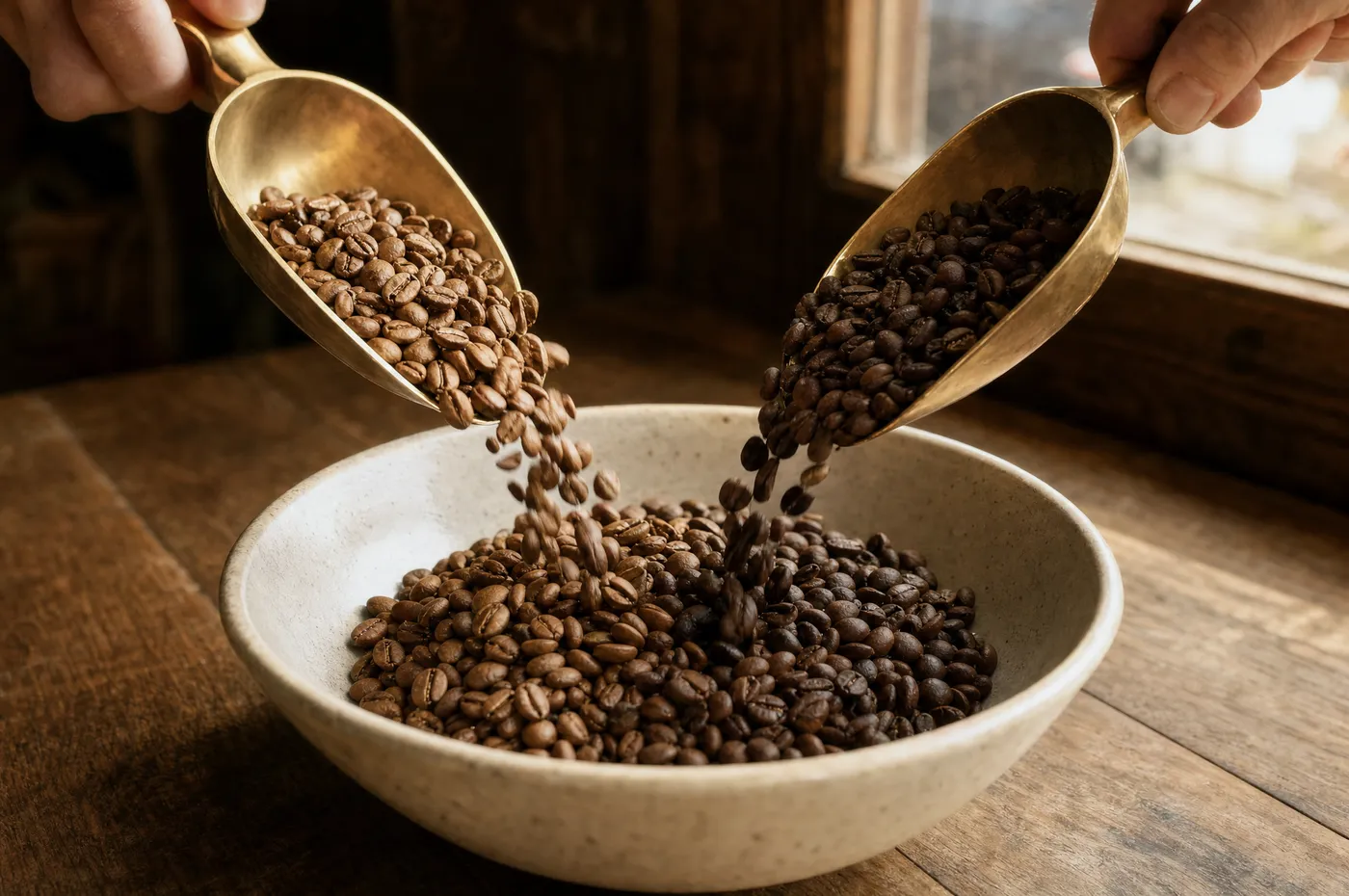 Two scoops of different roasted coffees poured together into one bowl
