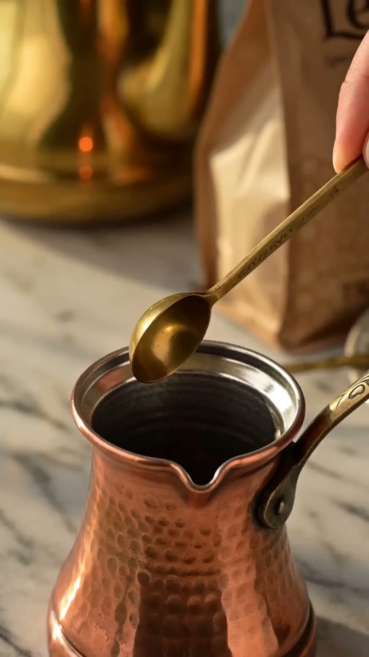 Powder-fine Turkish coffee measured into a cezve