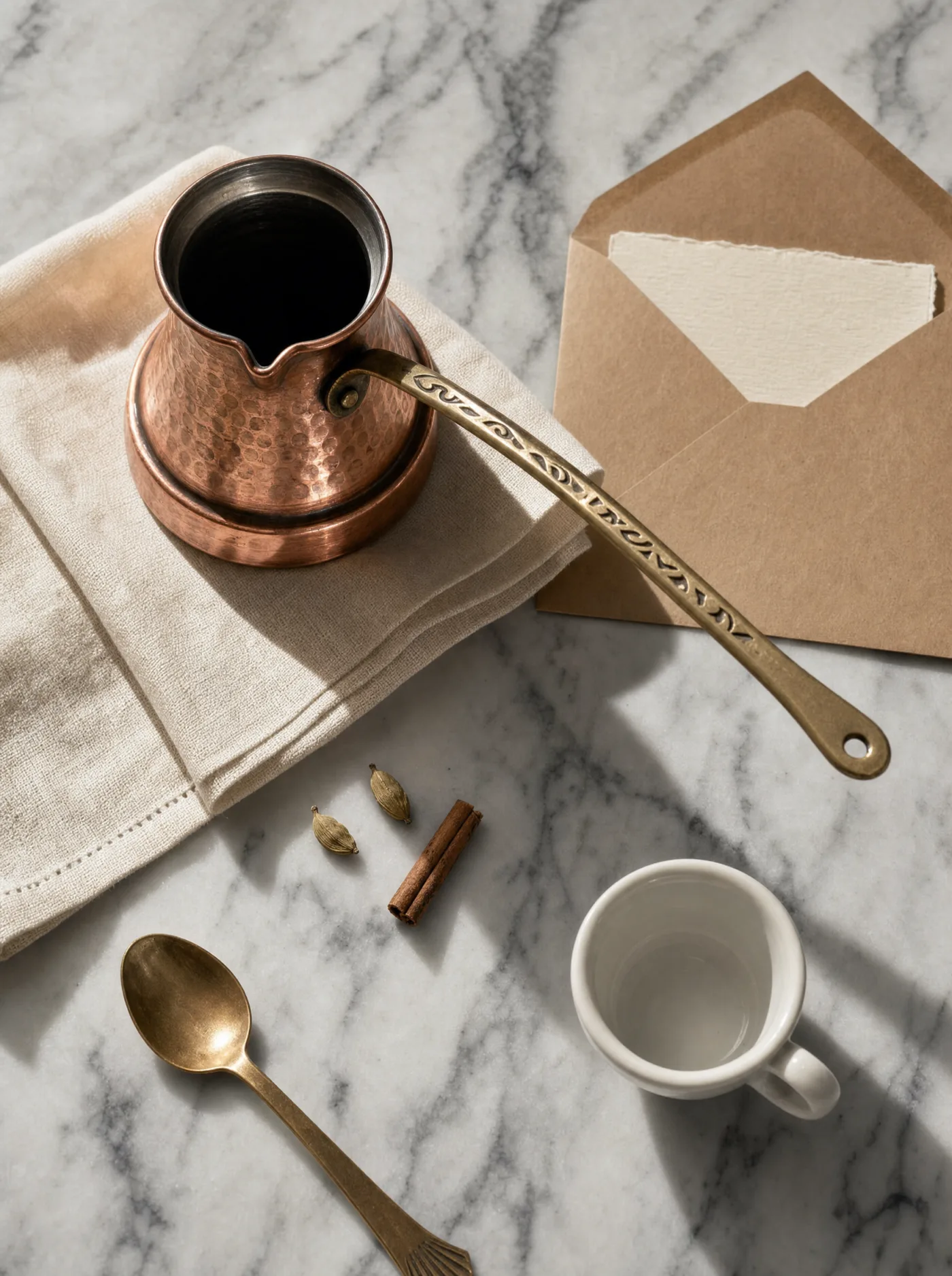 Copper cezve with a long brass spoon, cardamom and cinnamon on marble