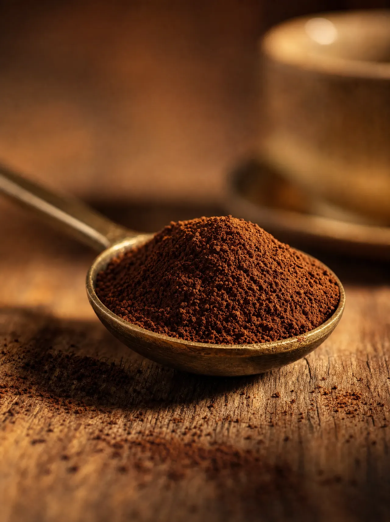 A heaping brass spoon of powder-fine Turkish coffee grounds