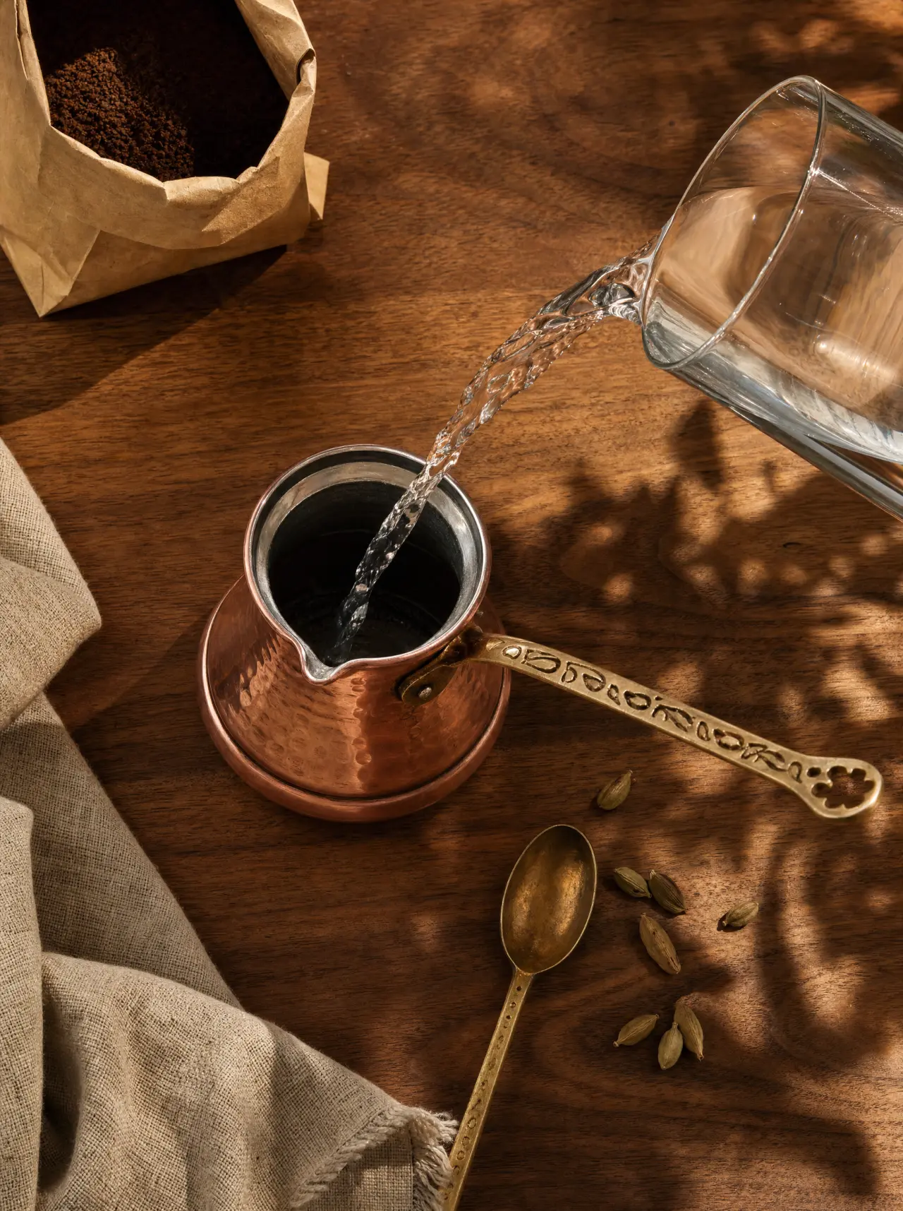 Cold water poured into a copper cezve