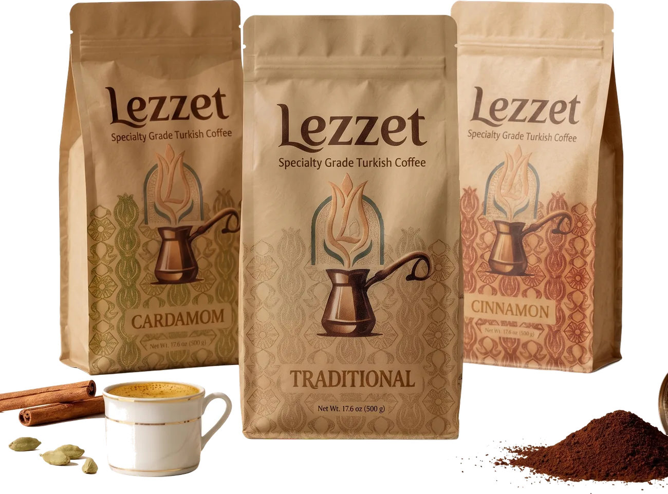 Lezzet Variety Pack — Traditional, Cinnamon, and Cardamom Turkish coffee bags floating with cinnamon sticks, ground coffee, a cezve, and a coffee cup
