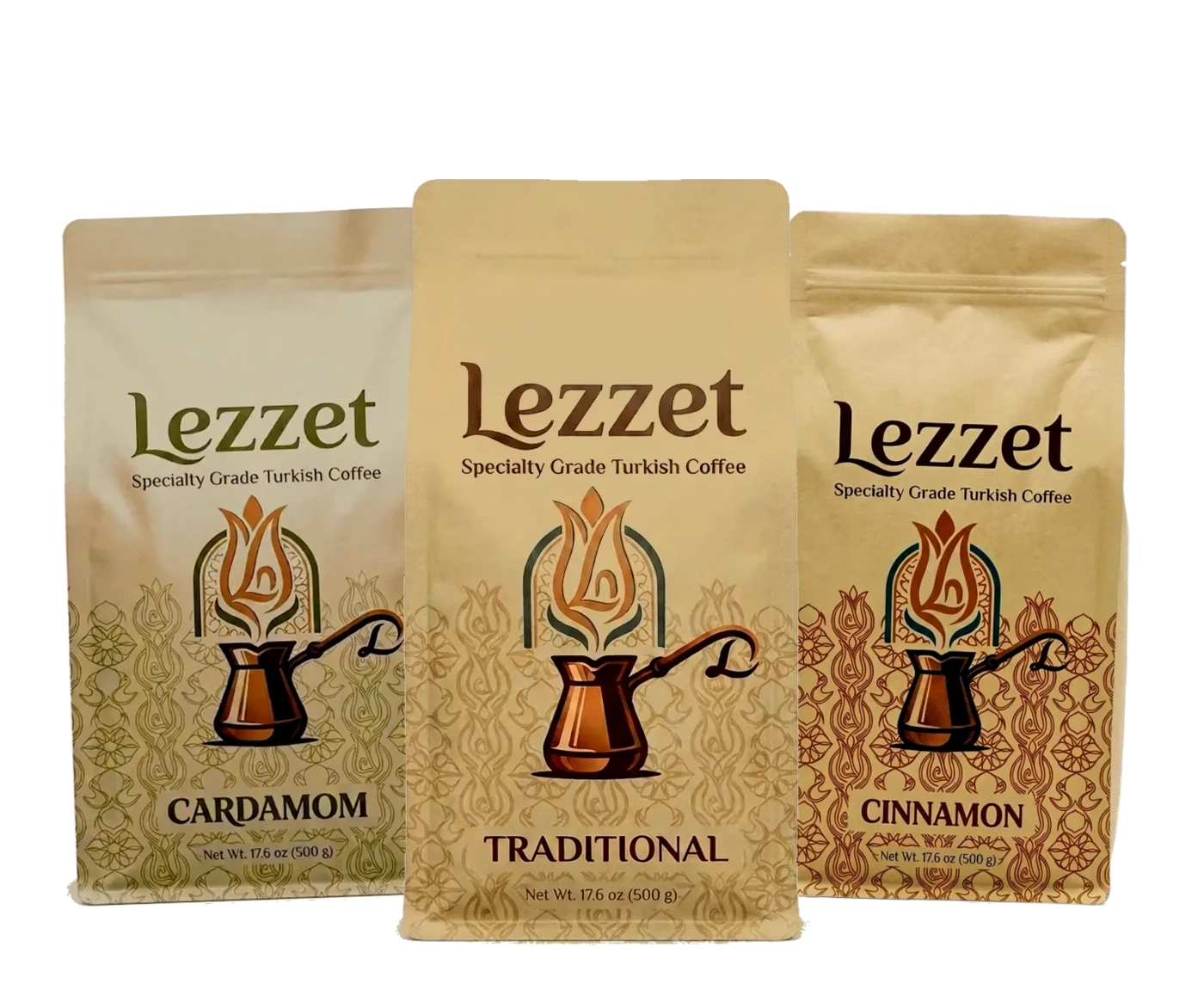 Lezzet Variety Pack with Cardamom, Traditional, and Cinnamon Turkish coffee bags