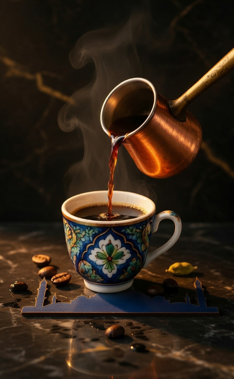Turkish coffee pouring from a copper cezve into a patterned cup