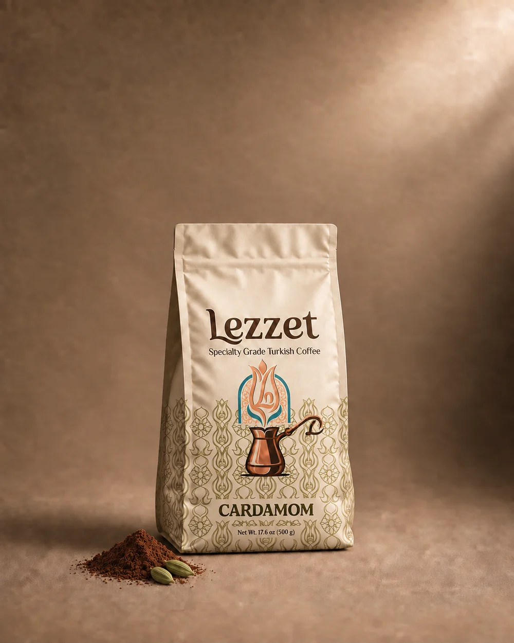 Lezzet Cardamom coffee for Arabic coffee, the 500g bag with ground coffee and cardamom pods
