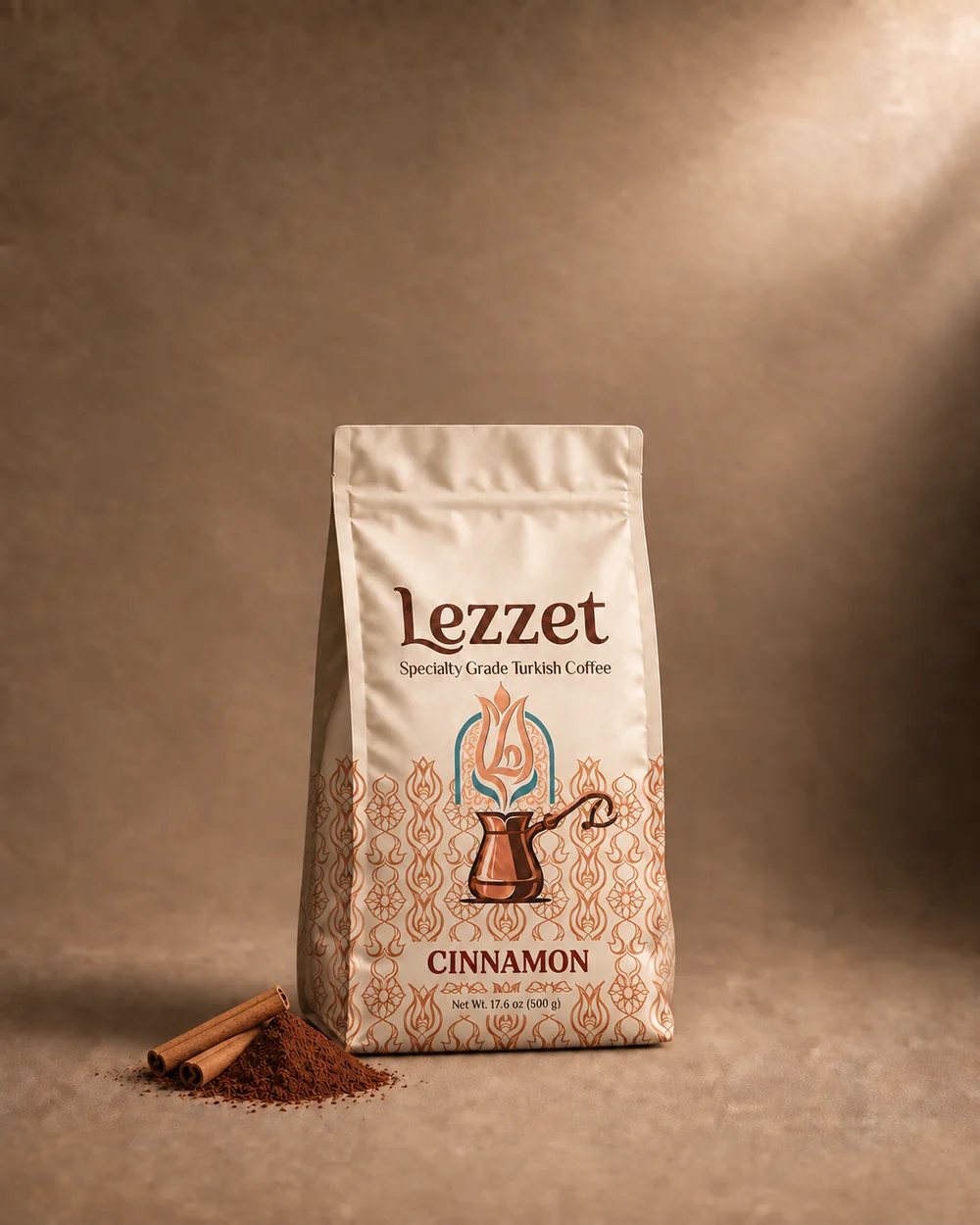 Lezzet Cinnamon Turkish coffee, the 500g bag with ground coffee and cinnamon sticks