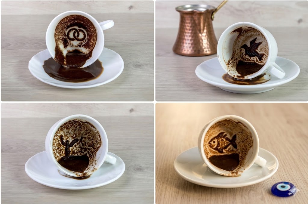 Turkish coffee cup flipped for fortune reading with grounds pattern visible