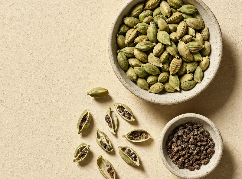 Whole cardamom pods in a stoneware bowl, opened pods and their seeds