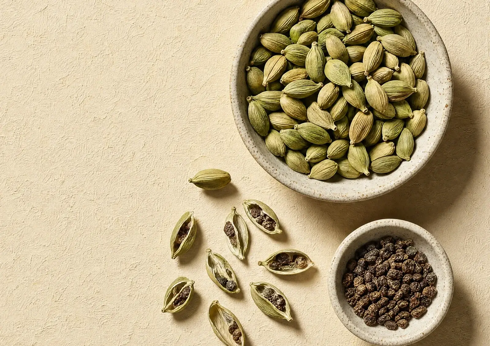 Whole green cardamom pods in a ceramic bowl, split pods showing the dark aromatic seeds Lezzet grinds into the coffee