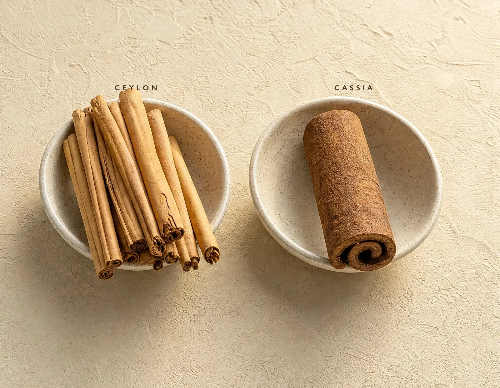 Ceylon cinnamon quills beside a thick cassia roll — the delicate true cinnamon Lezzet uses, and the harsher bark it never uses