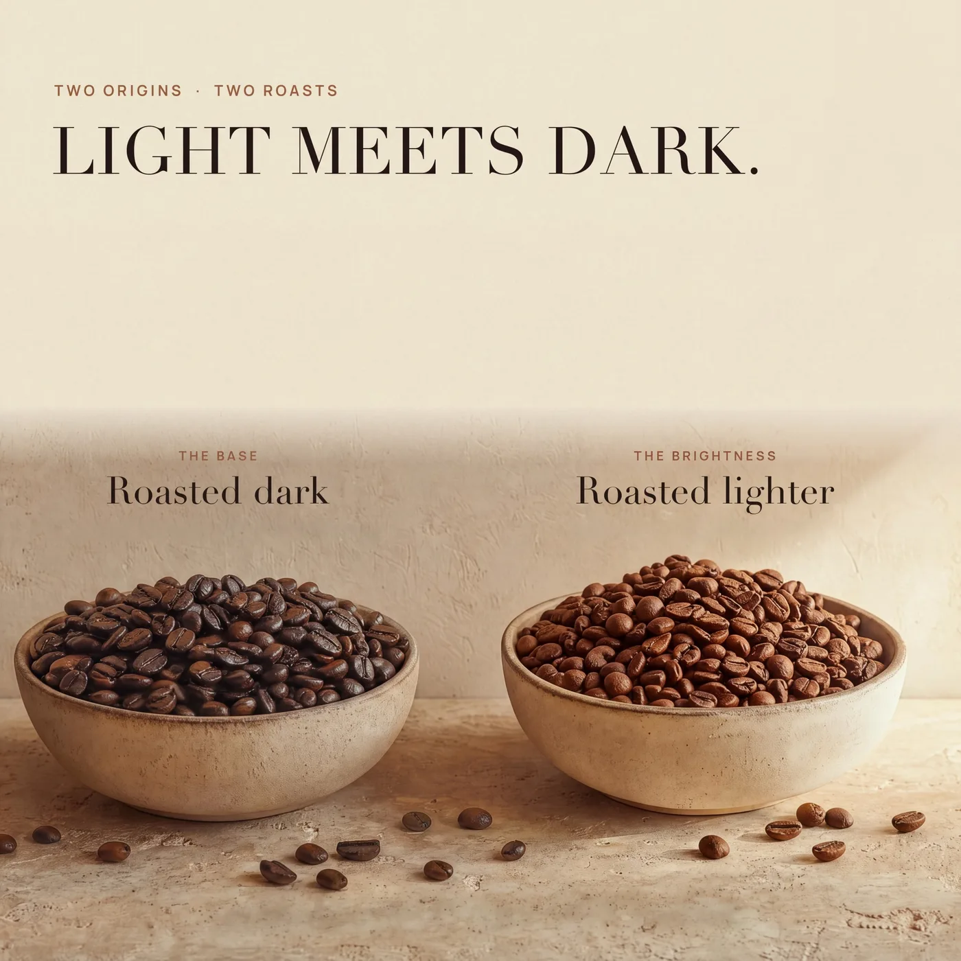 Light meets dark: a bowl of darker-roasted beans beside a bowl of lighter-roasted beans