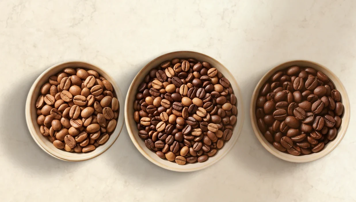 Three bowls of coffee beans on marble — a lighter roast, the balanced blend, and a dark roast
