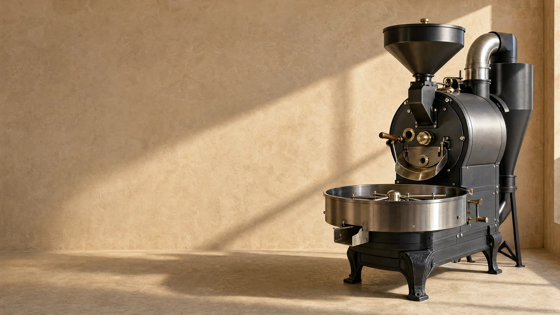 A vintage small-batch coffee roaster on a warm plaster floor, lit by window light