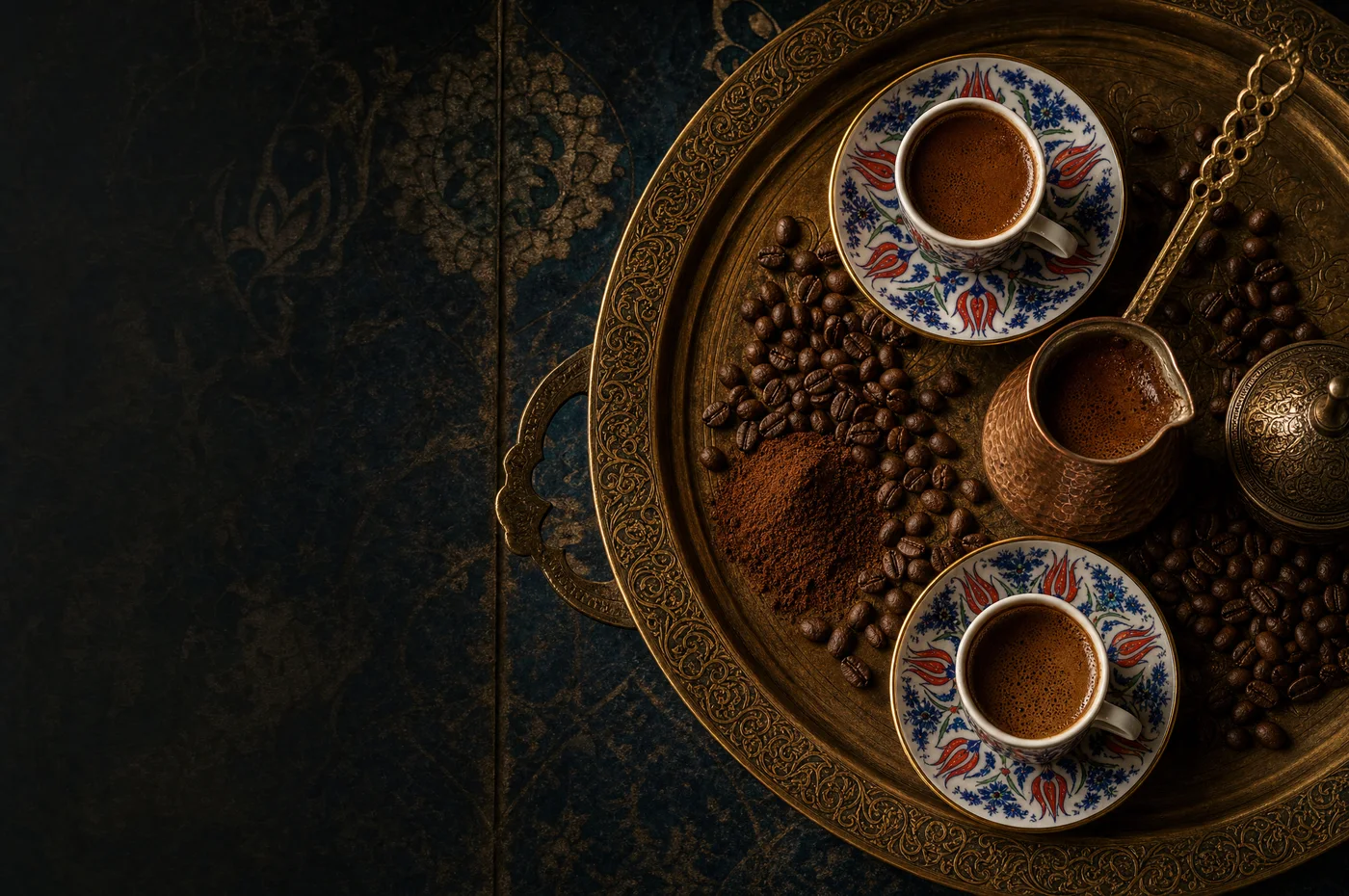 Ottoman-style Turkish coffee service — a copper cezve and ornate fincan cups with tulip motifs on an engraved brass tray