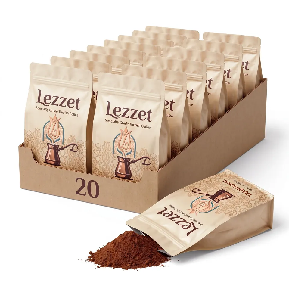 An open retail case filled with Lezzet Traditional coffee bags